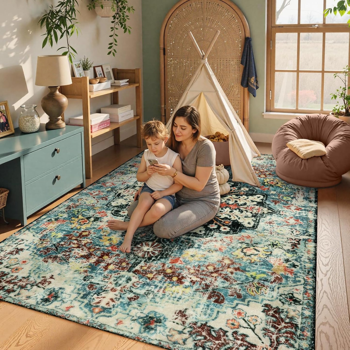 Lahome Bohemian Floral Medallion Area Rug - 5x7 Teal Large Washable Rugs for Living Room Soft Rugs for Bedroom, Turkish Non Slip Indoor Throw Carpet for Apartment Dining Room Entry Way