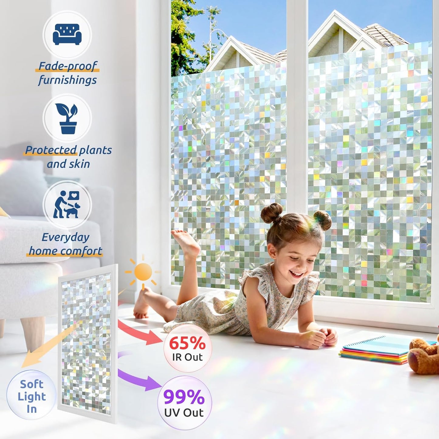 rabbitgoo Stained Glass Window Privacy Film Mosaic Pattern, Frosted Glass Window Film Rainbow Decorative Sticker, Static Cling UV Blocking Suncatcher for Home, 35.4 x 157.4 Inches