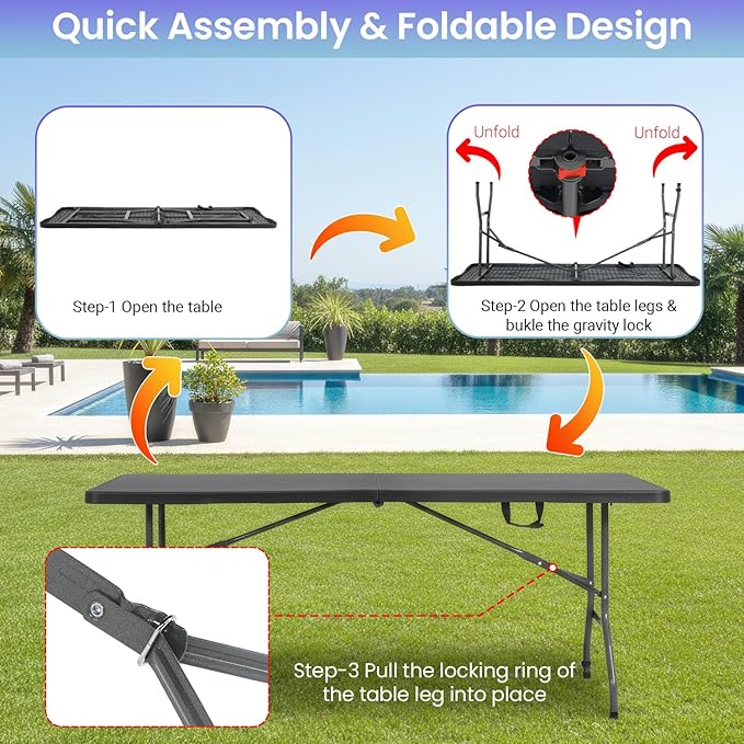 FDW 6FT Folding Table, Portable Fold-in-Half Plastic Picnic Party Table with Carrying Handle （Black, 6FT）