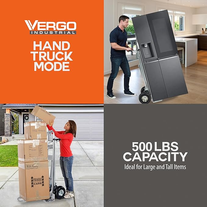 Vergo Industrial Convertible Hand Truck - AS7A2 Heavy Duty Aluminum 3 in 1 Dolly (750 lb Capacity) Lightweight Frame, Ergonomic Handle, Extendable Loop, Versatile Moving Dolly (3 Positions, 53" High)