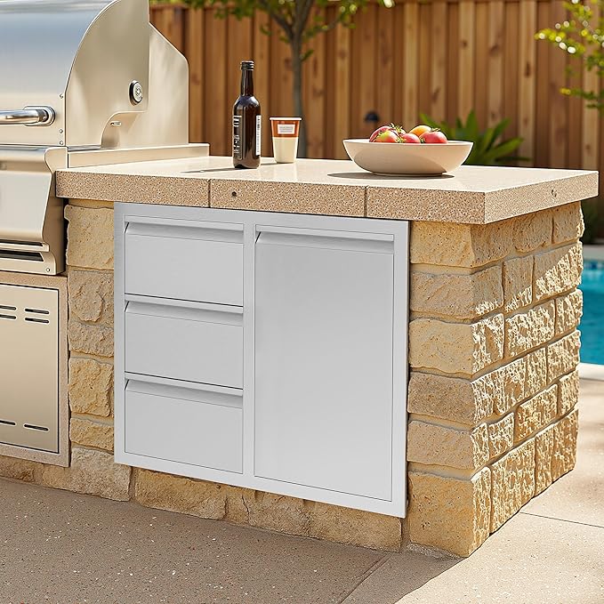 Jocisland Outdoor Kitchen Drawers 28" W×23" D×23" H Stainless Steel Drawers for Outdoor Kitchens, Single Door Trash Drawer & 3-Drawer Cabinet, Built-in BBQ Island Storage