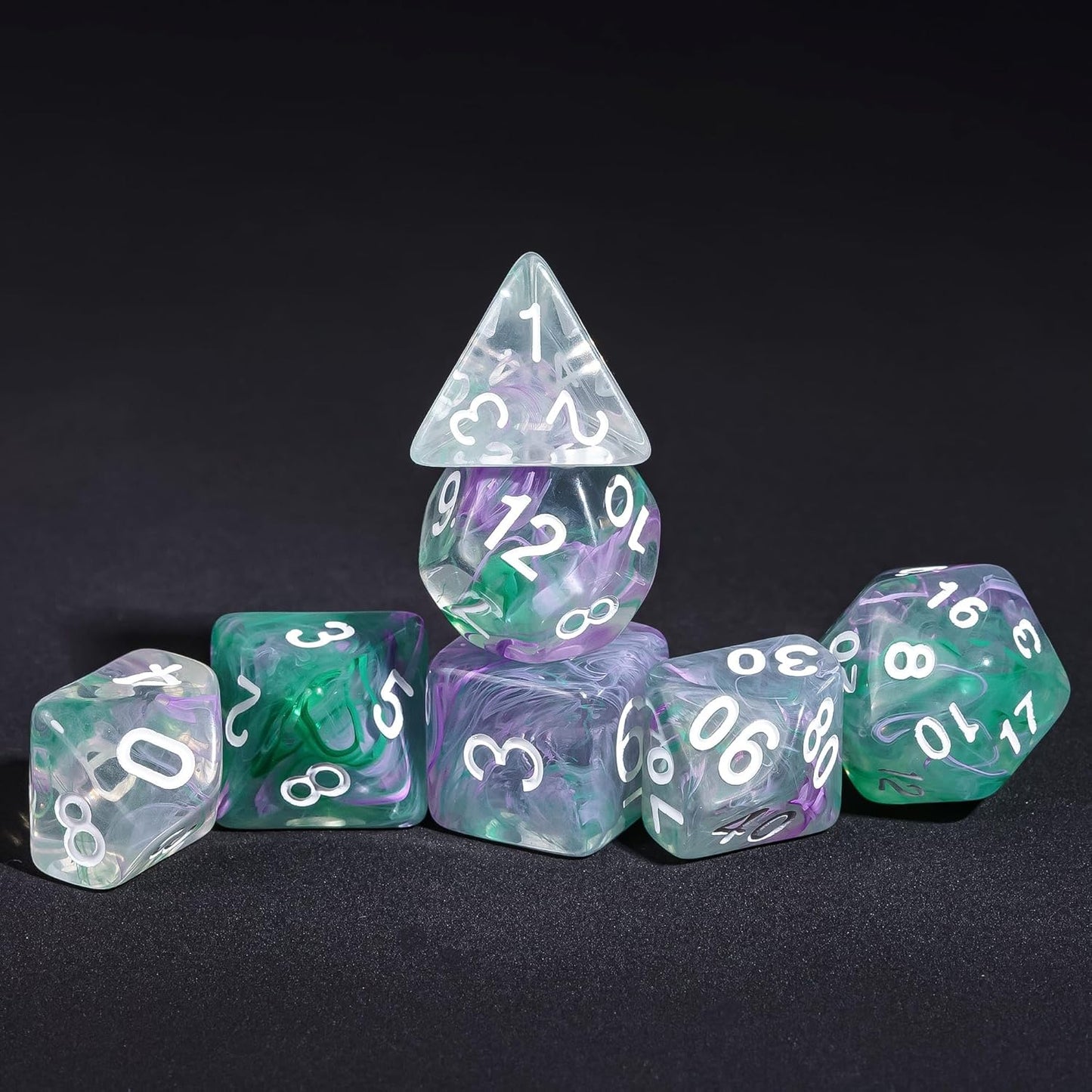 7-Die DND Dice Set Polyhedral Dice Set with a Leather Dice Bag, D&D Dice Set for RPG Table Games (Transparent Green Mix Purple)
