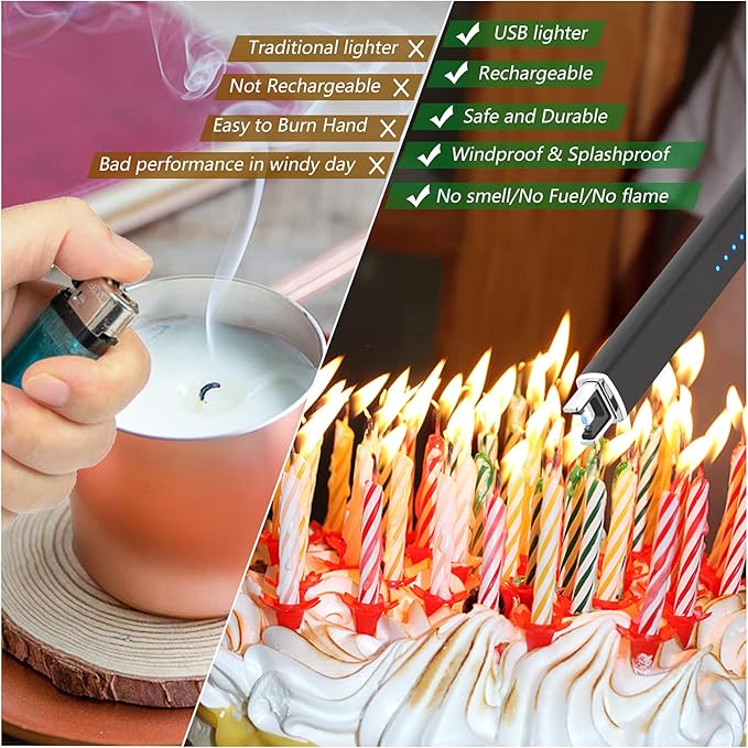 MEIRUBY Lighter Electric Candle Lighter Long Electronic Rechargeable USB Arc Windproof Flameless Lighters for Candle Camping BBQ Birthday Women's Day Gifts for Women Mom Wife Men, Balck