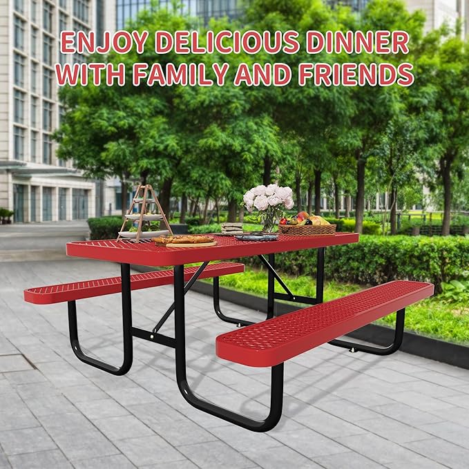 6FT Picnic Tables for Outdoors, Rectangular Commercial Metal Picnic Table Bench Set with Umbrella Hole,Heavy Duty Steel Weather-Resistant Dining Table for Patio Dining Garden Backyard BBQ School