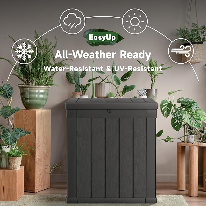 EasyUp 50 Gallon Outdoor Storage Box, Resin Waterproof UV-Resistant Deck Box, Reinforced Stability for Patio, Garden, and Poolside, Striped Black