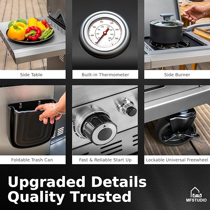 MFSTUDIO 7 Burner BBQ Gas Propane Grill with Searing Side Burner, Porcelain-Enameled Cast Iron Grates and Dual-Side Griddle Combo for Outdoor Barbecue Cooking