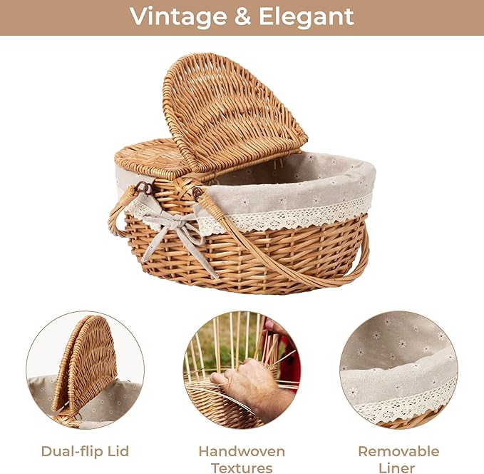 GRANNY SAYS Wicker Picnic Basket for 2 with Handles, Woven Cute Boo Basket with Washable Liner & Dual-Flip Lid, Vintage Large Picnic Baskets for Camping, Outdoor, Easter, Gift, Costume, Flower Liner