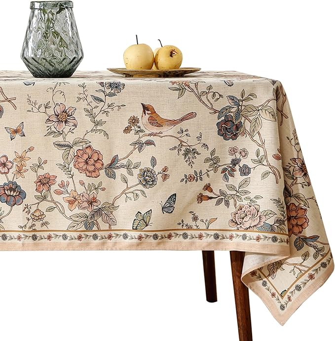 ISAENNE Designer French Light Beige Extra Long Rectangle Tablecloth,Linen Florals and Birds Pattern Table Cloth,Durable Decorative Tablecloths for Dining Thanksgiving Kitchen,63"*110"-Cornucopia