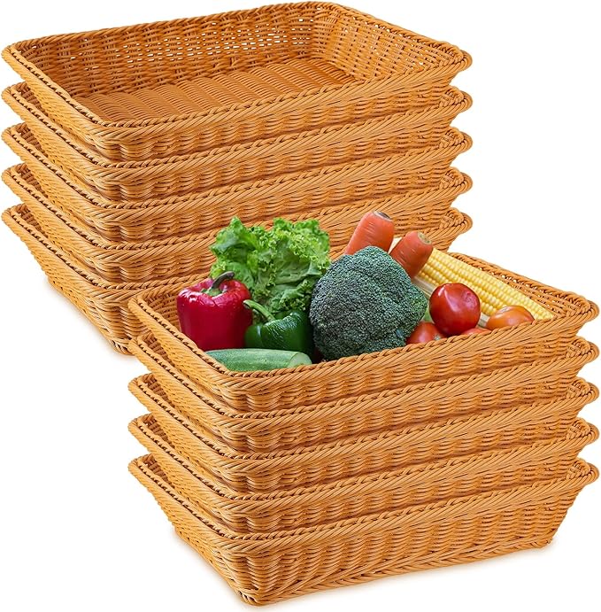 Tioncy 10 Pcs Poly Wicker Bread Basket 15.75 x 11.81 x 3.15" Woven Bread Imitation Rattan Fruit Basket Tray Stackable Rectangular Food Baskets for Serving Display Storage Kitchen Restaurant Vegetable