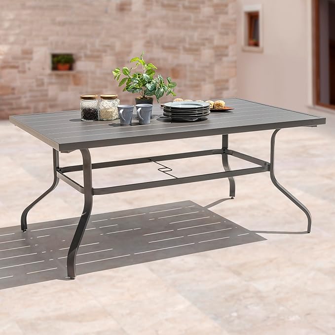 NUU GARDEN Outdoor 61" x 37" Rectangle Dining Table with 1.57" Umbrella Hole, 6-Person Steel Slat Outdoor Patio Table, for Patio, Garden, Backyard and Balcony, Gray