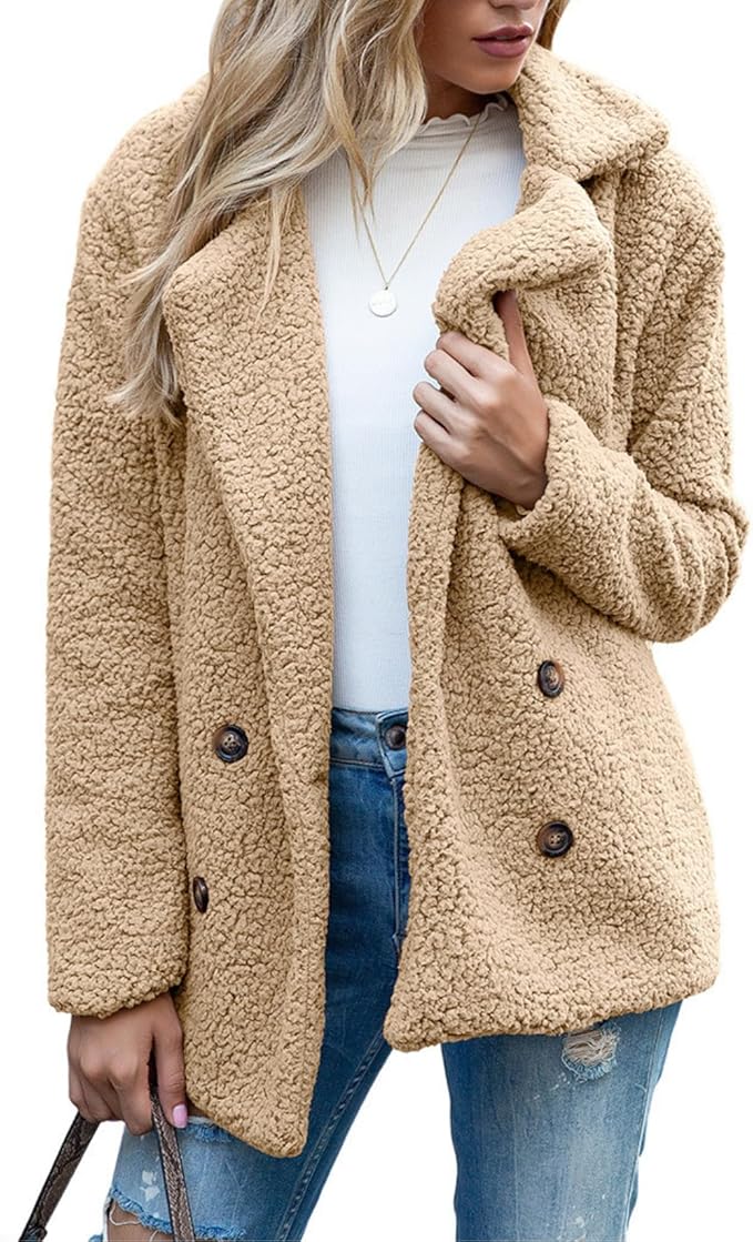 Women's Winter Warm Plush Cardigan Fuzzy Fleece Lapel Jacket with Buttons Pockets Long Sleeve Casual Outerwear