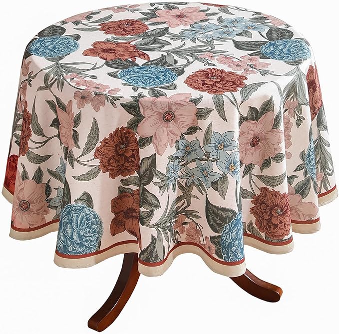 Designer French Linen Small Tablecloth for Round Table,Red and Blue Floral Durable Tablecloths,Decor Table Cover for Kitchen,Dining,Thanksgiving,Farmhouse,Diameter 55"-Burgundyred