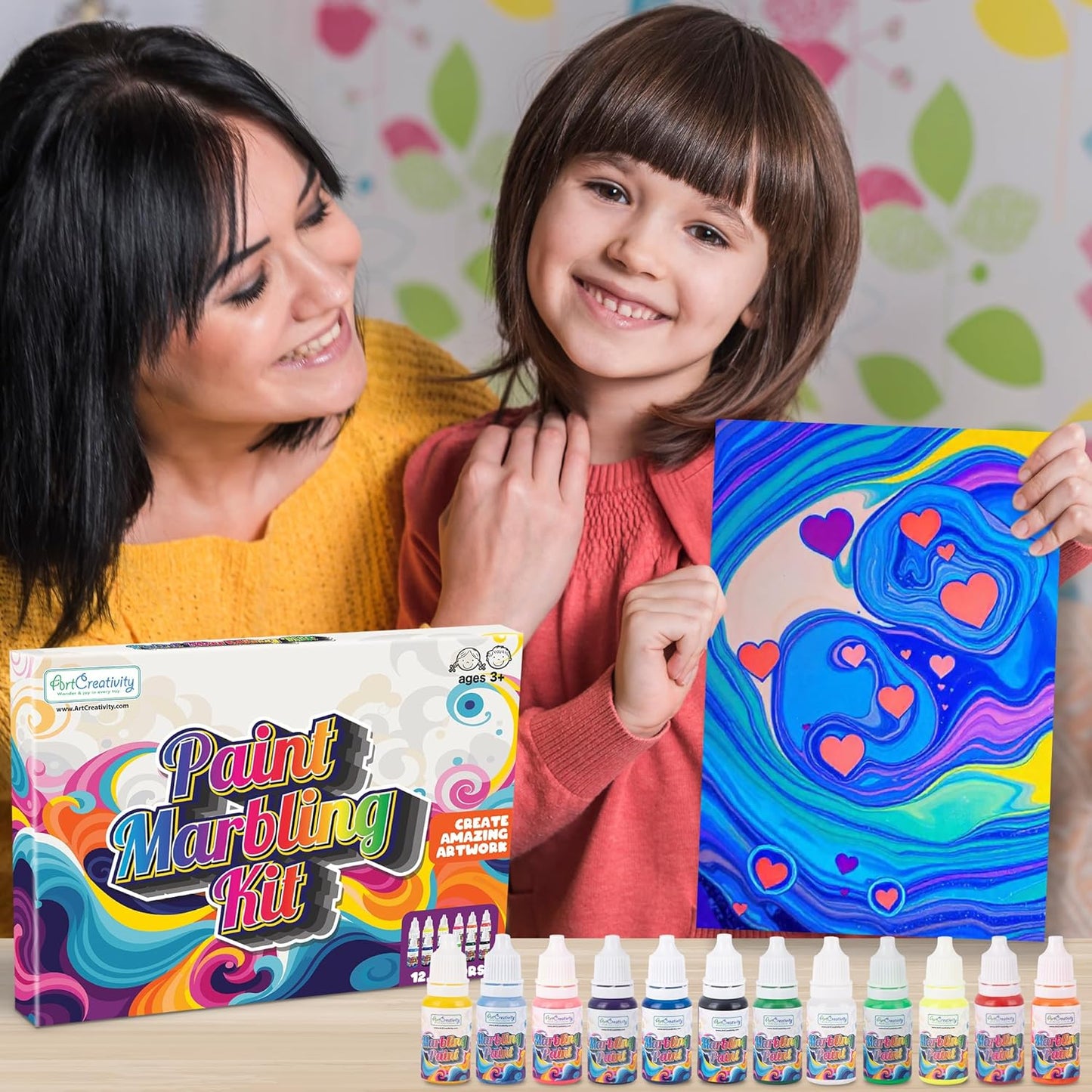 ArtCreativity Water Marbling Paint Art Kit for Kids - Complete Set with 12 Paint Colors, 10 Bags Thickening Powder, 10 A5 Papers, and More - Marble Art Painting Kit - Crafts for Kids Ages 3 and Up
