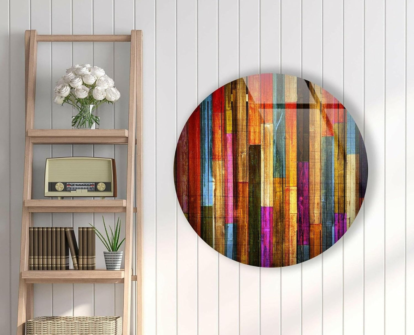 My Photostation.com 24''(60cm) Diameter Colorful Wood Pattern Round Glass Wall Art Tempered Glass Printing Wall Decor Large Wall Art Wall Hangings
