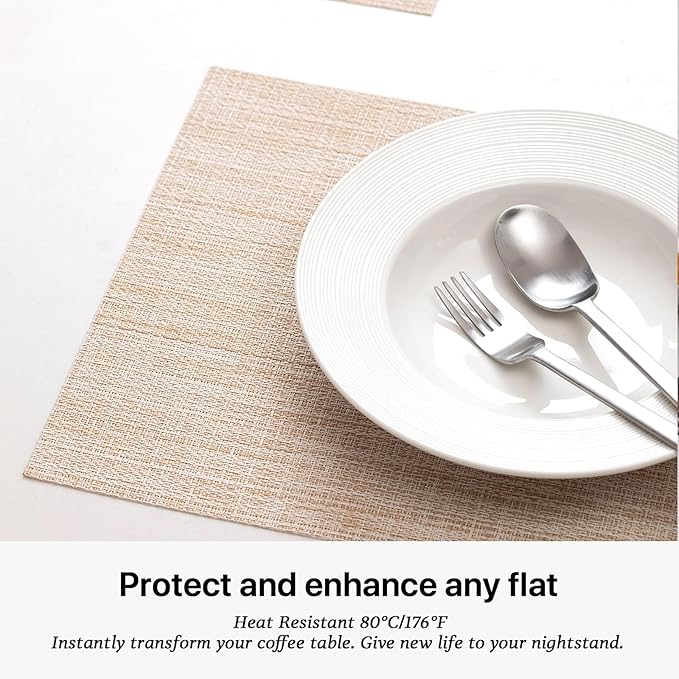 LEXMORE Placemats Set of 4 Vinyl/Plastic Woven Place Mats for Kitchen Table Indoor/Outdoor Washable Placemat Wipeable Dining Table Mats(A-Beige)