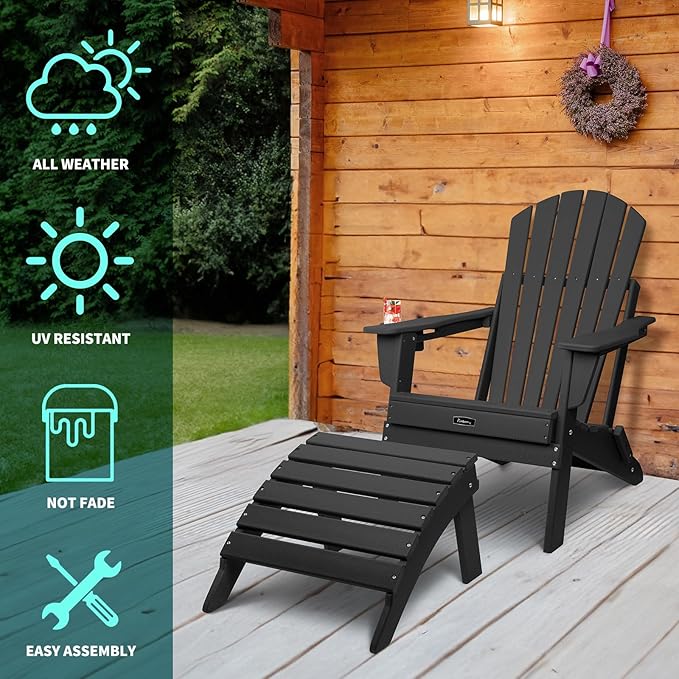 FUNBERRY Folding Adirondack Ottoman, HDPE All Weather Outdoor Foot Rest, Easy Storage Patio Footstool, Ottomans and Footstools for Outside