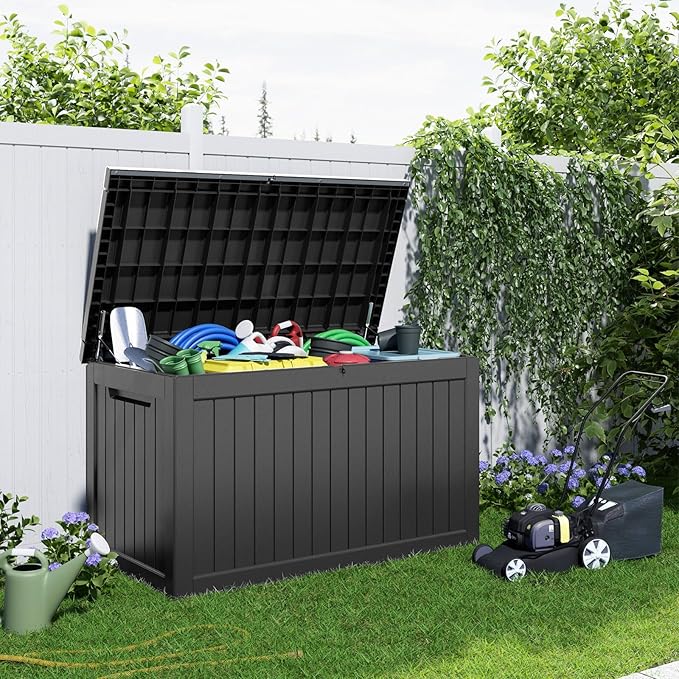 281 Gallon Outdoor Storage Box Waterproof, Large Resin Patio Deck Boxes, Lockable Outdoor Storage Container for Patio Furniture, Garden, and Pool Tools (281 Gallon, Black)