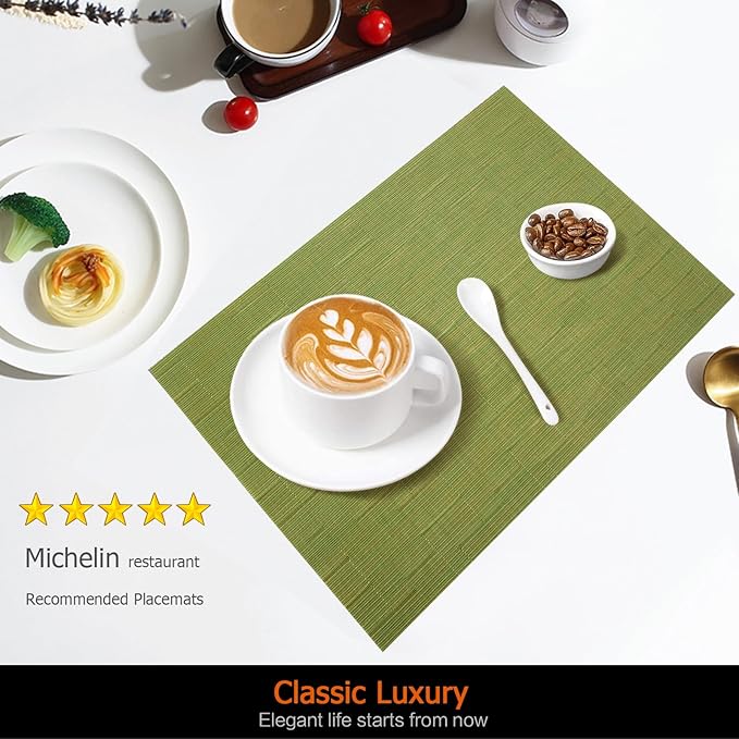 Placemats Set of 8 Washable&Wipeable Place mats for Dining Table Kitchen Indoor Outdoor Table Mats Heat Resistant Non Slip Woven Vinyl Table Placemats (Green，8PCS)