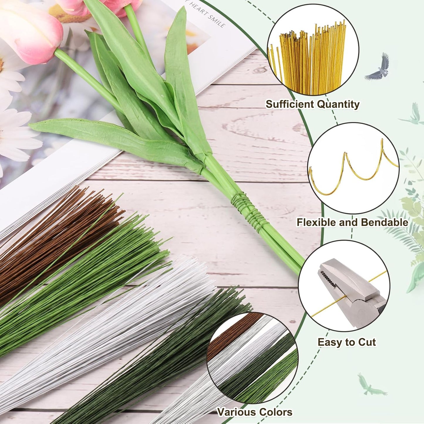 PATIKIL 32 Inch 22 Gauge Floral Stem Wire, 2 Pack/80 Pieces Bouquet Stem Paper Wrapped for DIY Crafts Flower Arrangements, Gold Tone