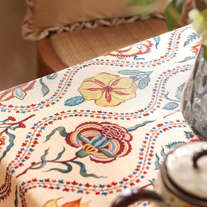 Vintage French Rectangular Tablecloth,Linen Tablecloth with Rose and Cornflower Pattern,Decorative Table Cover for Kitchen,Dining,Thanksgiving,Tea Party,55" × 79"-Lanae