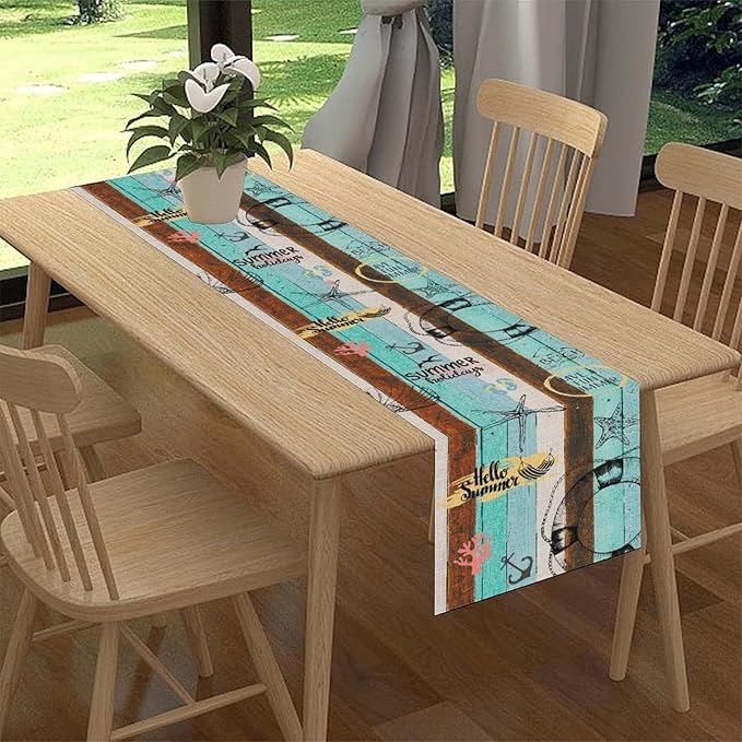 Retro Summer Table Runner, Coastal Starfish Beach Seashell Ocean Nautical Wooden Plank Seasonal Coffee Table Center Decor for Home Kitchen Dining Patio Holiday Party Table Decorations 13"x72"