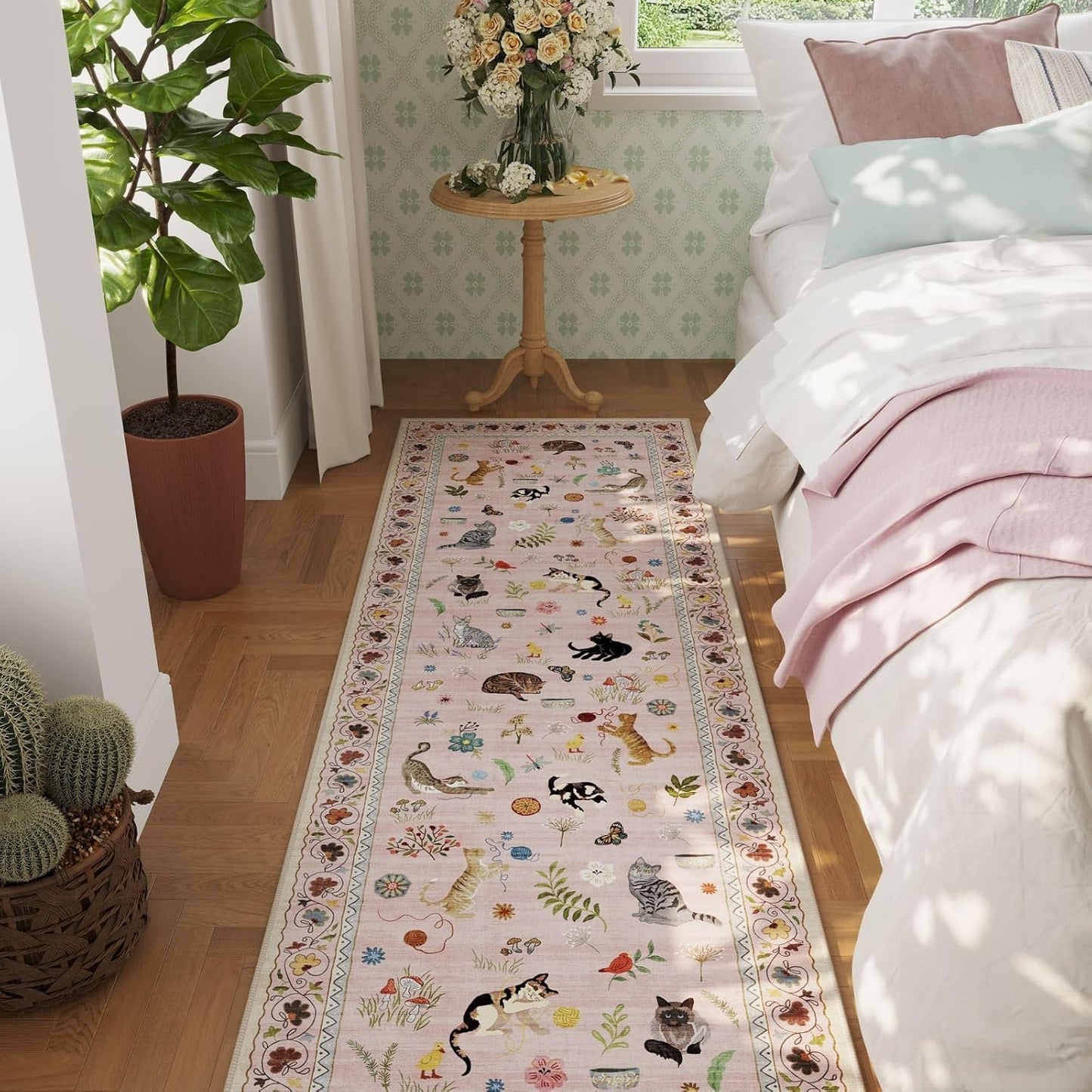 Rugcomf Runner Rug for Kitchen Non Slip 2'6''x8' Washable Rugs with Rubber Backing Soft Floral Animal Cat Carpet Runner for Kitchen Laundry Bedroom Bathroom, Pink