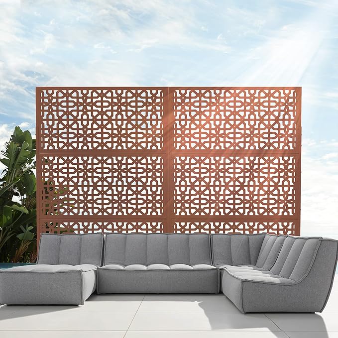 Elevens Outdoor Decor Privacy Fence Screen Metal Fence Panels,Decorative Privacy Screen with Stand,Outdoor Divider for Garden Patio Backyard,76" H×35" W(Brown-Perilla)
