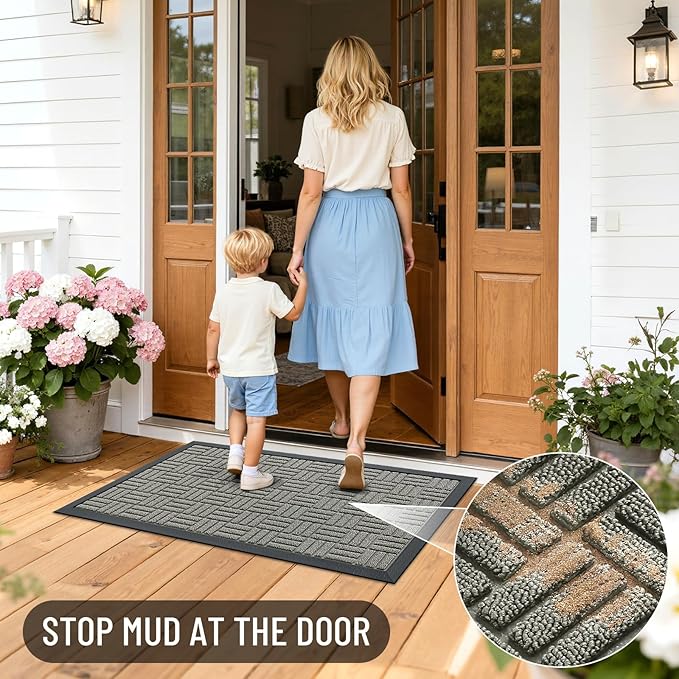 OLANLY Front Door Mat Outside Entrance 47x23, Absorbent, Heavy Duty Sturdy Natural Rubber Doormat Indoor Outdoor, Non-Slip, Stain and Fade Resistant, Low Profile Floor Mat for Entryway, Modern Gray
