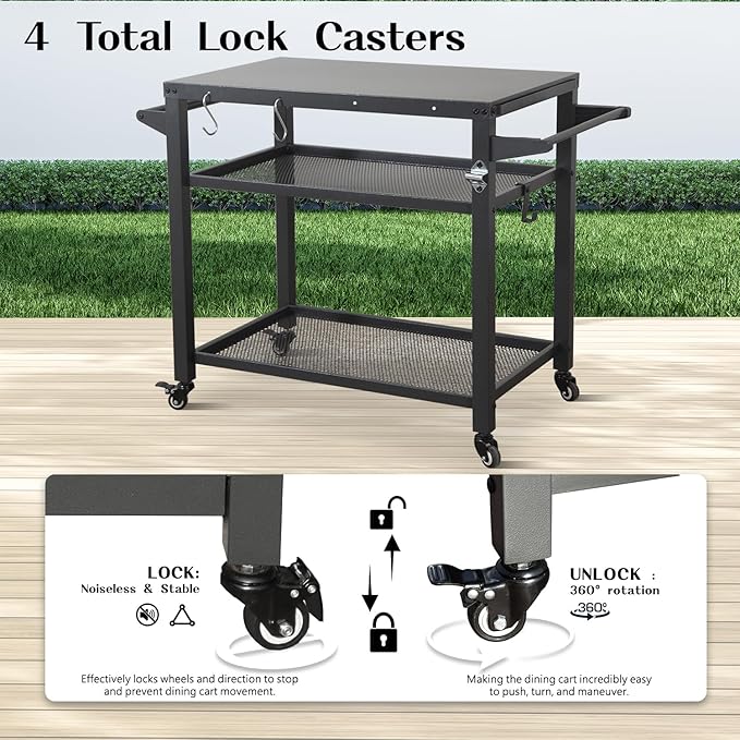 Domi 3-Tier Outdoor BBQ Grill Cart with Lockable Wheels | Portable Pizza Oven Stand & Food Prep Station | Compatible with Blackstone Griddle & Propane Tanks | All-Weather Patio Cooking Center