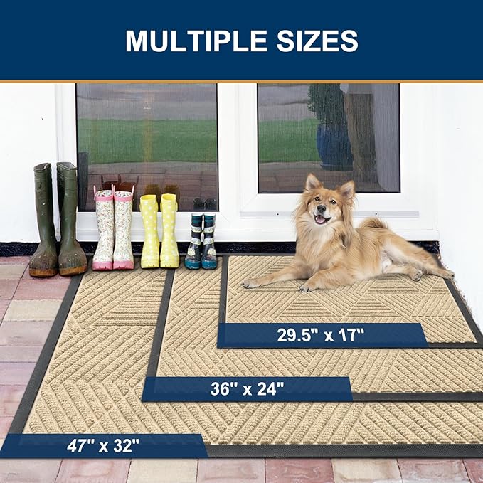 Smiry Front Door Mat Outside Entrance, Heavy Duty Sturdy Natural Rubber Doormat, Trap Dirt and Moisture, Easy Clean Low Profile Mats for Indoor Outdoor Entry, Irregular Triangle (36x24, Cream White)