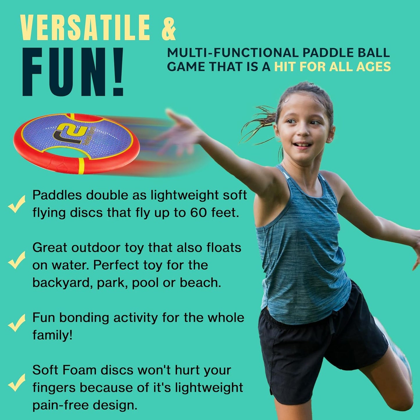 Fun Bouncy Paddle & Stringy Ball Toss & Catch Game - Easy to Use for Kids All Ages - Soft Foam Design for Safe Play Indoors or Outdoors - Also Works as Flying Disc - Great Gift Idea for Boys & Girls