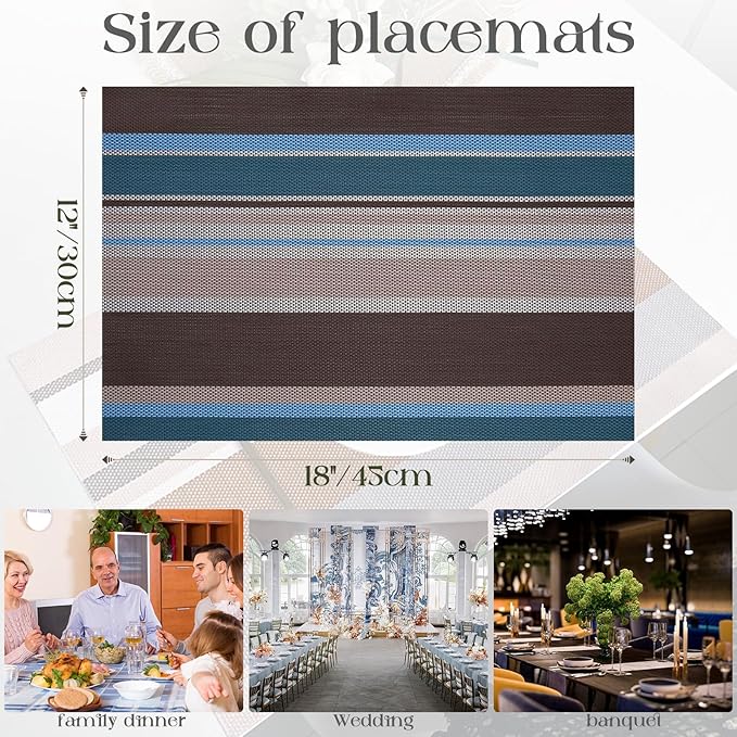 Set of 6 Colorful Striped Vinyl Placemats Heat-Resistant Washable Placemats Non-Slip Woven Table Mats Wipeable Placemat for Kitchen Dining Table Decoration Indoor Outdoor (Blue&Brown)