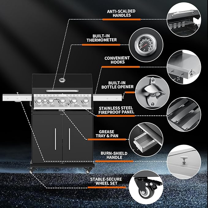 Propane Gas Grill, 5+1 Stainless Steel Barbecue Grill with Infrared Side Burner for Outdoor Cooking