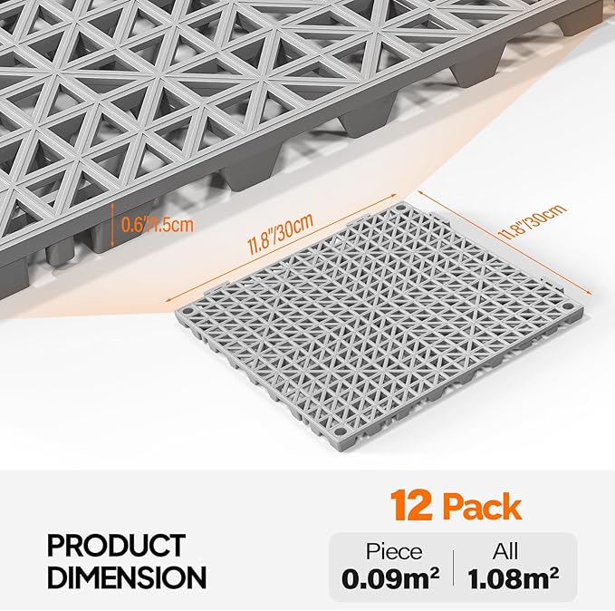Bonnlo Grey Interlocking Drainage Mat, 12''*12'' Anti-Fatigue Floor Mat, Restaurant Kitchen Mat, Cushioned Tiles, Non-Slip Garden Tile for Poolside, Wet Area, Deck and Bathroom Use