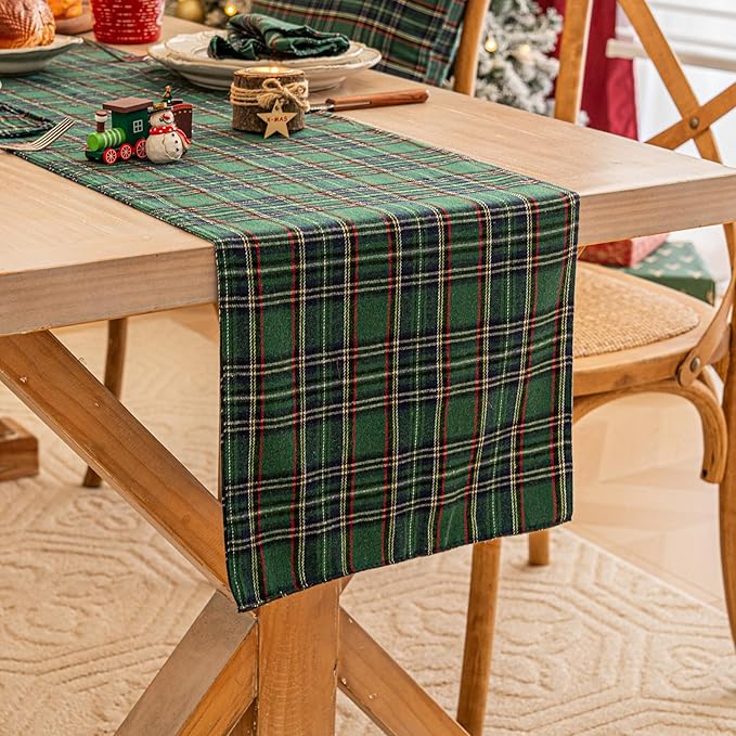 Green Blue Plaid Christmas Table Runner, Winter Holiday Table Runners 108 inches Long, Xmas Decorations Indoor Outdoor Farmhouse Home Kitchen Dining Party Decor
