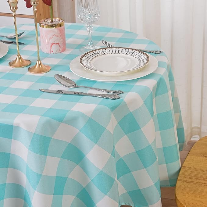 Cupuamon 2 Pack Waterproof Polyester Fabic Round Checkered Tablecloth，60 Outdoor Table Cloth，Oil Stain Prevention Table Cloth for Pinics and Parties（Aqua and White）
