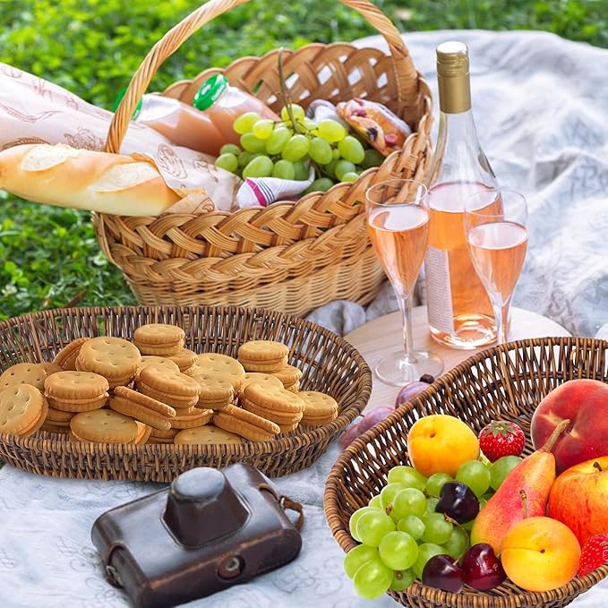 3 PCS Handwoven Oval Wicker Baskets Set - 3 Size Versatile Bread, Fruit, and Cosmetic Wicker Baskets, Bread Baskets for Serving, Suitable for Kitchen Counter, Dining Table, and Decor