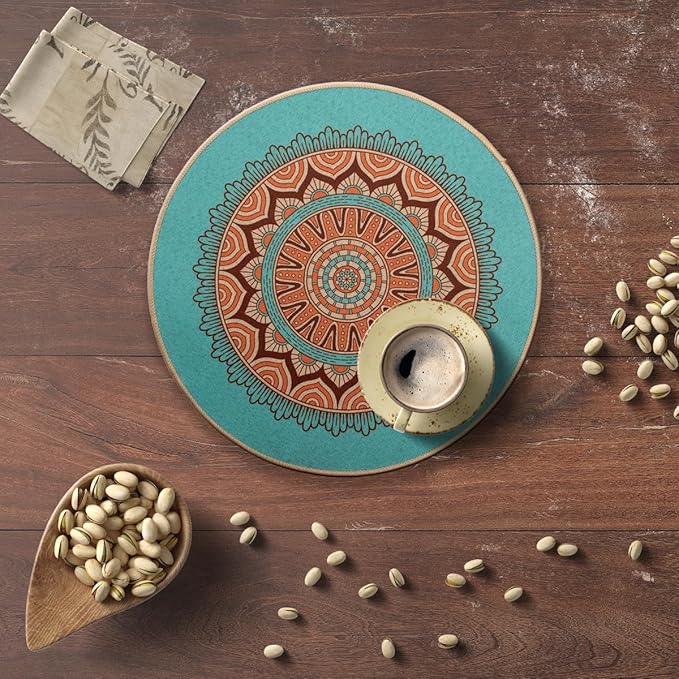 PIGCHCY Round Boho Placemats Set of 6, Rubber Heat Resistant Tabel Mats, Waterproof Washable Placemat for Dining Table Decoration (Teal)
