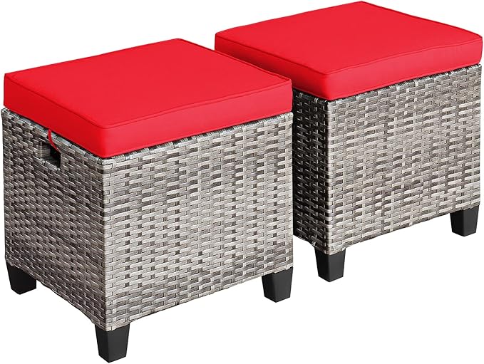 Tangkula 2 Pieces Patio Rattan Ottomans, Outdoor Wicker Footstool Footrest Seat with Soft Cushions and Steel Frame, All-Weather Patio Ottoman Set for Backyard Garden Poolside