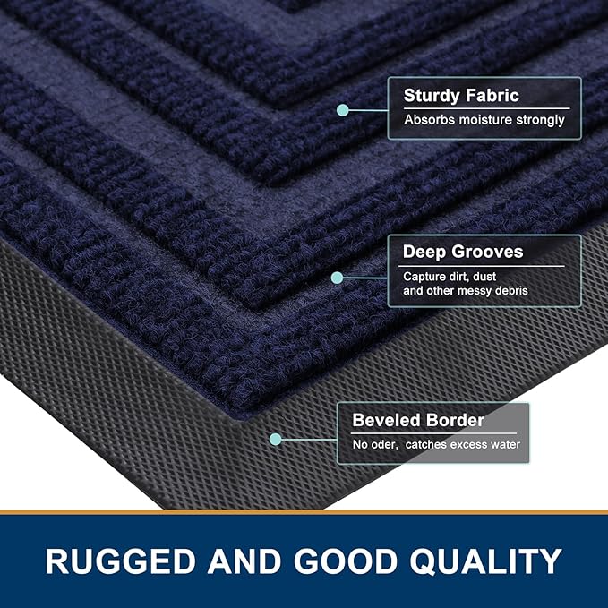 Buganda Front Door Mat Indoor Outdoor Entrance, Non-Slip Natural Rubber Doormats, Easy Clean, Low Profile, Dirt Trapper Entryway Floor Mats for Outside, Garages and Patios, 47x32, Navy