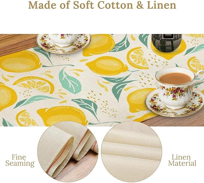 Spring Yellow Lemon Table Runner, Hello Summer Seasonal Exotic Fresh Fruits Plants Branch Leaves Print Table Cover for Farmhouse Kitchen Table Party Decor, 13x90inch