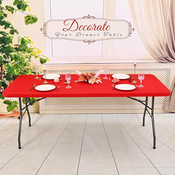 10 Pack Stretch Fabric Table Top Cap Cover, Red Table Covers fits 6Ft Tables, Washable Elastic Universal Rectangle Tablecloth Protector for Indoor Outdoor Party Picnic Wedding (30" W x 72" L)