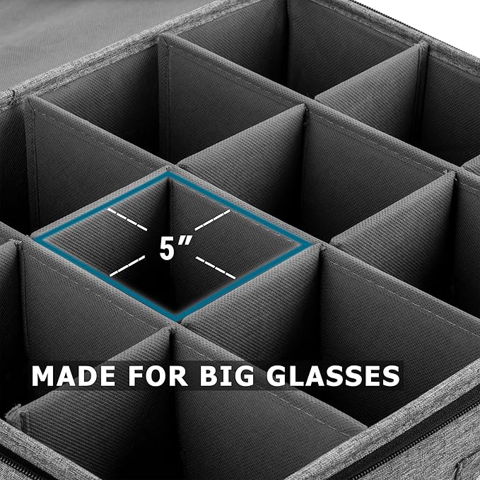 Hard Shell Goblets Storage Box with Dividers - 21"W x 15.5"D x 10"H - Stackable with Fully Padded Interior - Great for Cocktail and Wide Bar Glasses