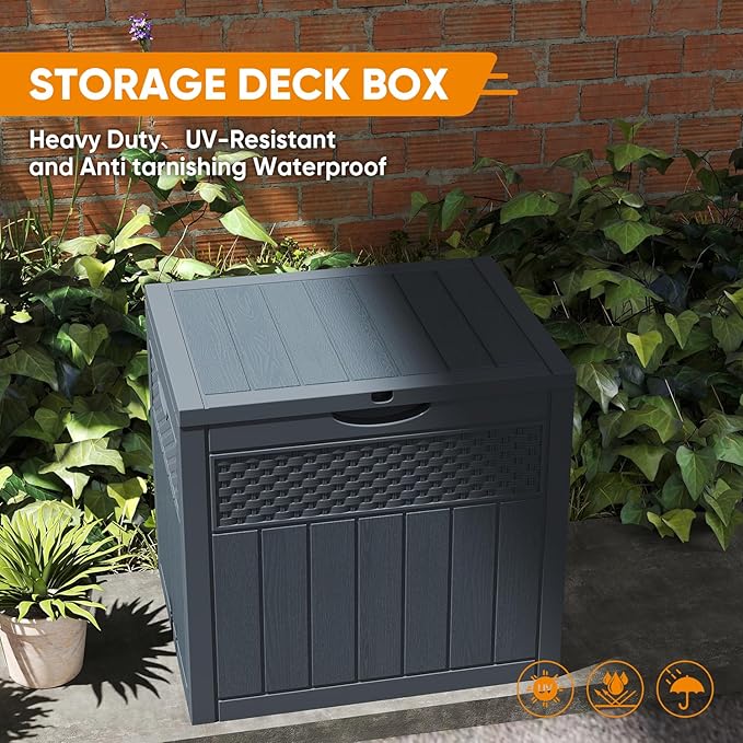 ZYJOYY 33 Gallon Resin Deck Box, Weatherproof Outdoor Storage Box for Patio, Garden, Pool, and Yard, Lockable Waterproof Bin for Tools, Cushions, and Accessories, Grey