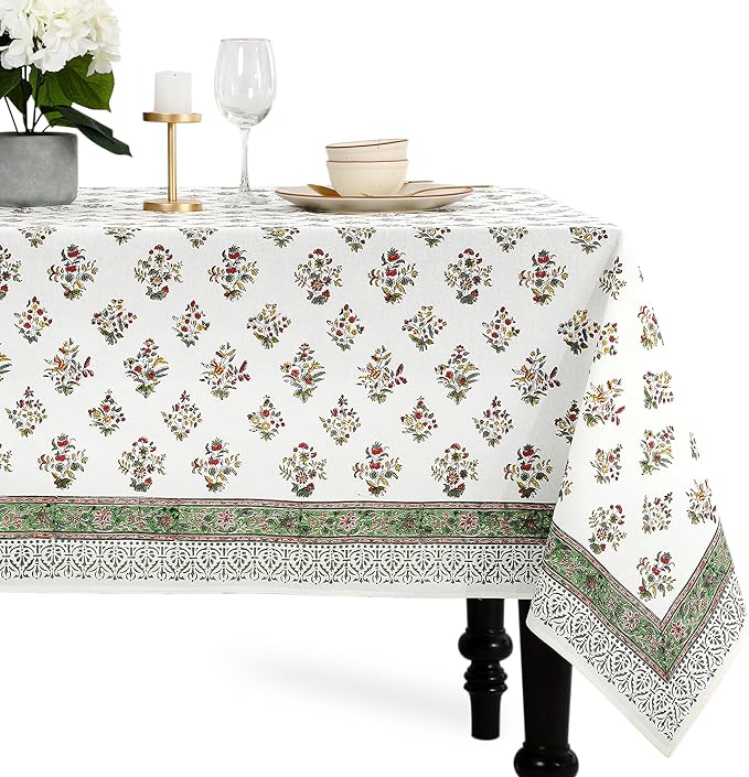 CPC Tablecloth 100% Cotton 70x108 Inch Indian Block Print Rectangle Table Cover, Green Table Cloth for Weddings, Spring/Summer Barbeque - Forest Green
