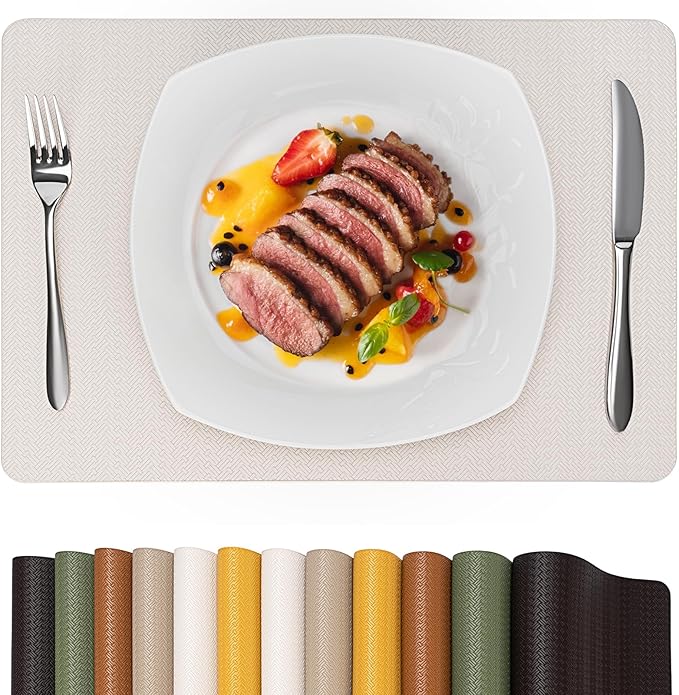 Faux Leather Placemats Set of 4 – 17x12 Inch Vinyl Table Mats, Heat Resistant, Non Slip, Wipeable & Washable, Easy to Clean Dining Table Decor for Kitchen & Dining Room（Ivory White）