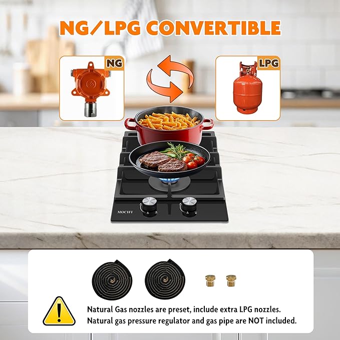 2 Burner Gas Cooktop, 12 Inch Built-in Propane/LPG/NG Dual Fuel Stove, Black Tempered Glass Hob with Thermocouple Protection & Adjustable Flame, for Apartment, Kitchen, RV
