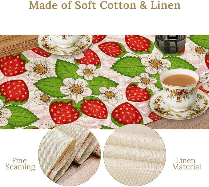 Spring Strawberry Table Runner, Floral Strawberries Flowers Leaf Season Inspirational Design Table Runner for Kitchen Dining Party Holiday Home 13x90in