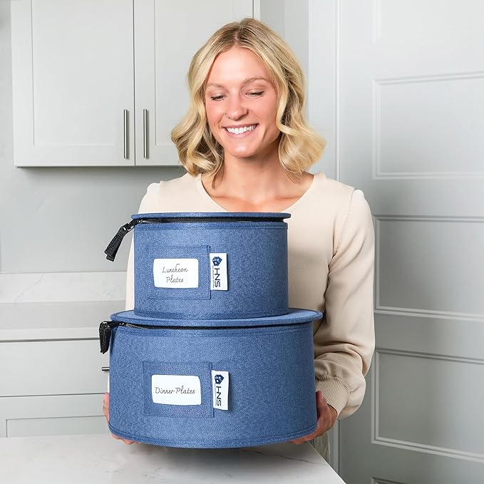China Storage Hard Shell Containers 12-Piece Set Moving Boxes for Dinnerware, Glasses, Plates, Mugs and Saucers Sturdy Dish Organizer with Dividers for Seasonal Storage - Service for 12 - Denim Blue