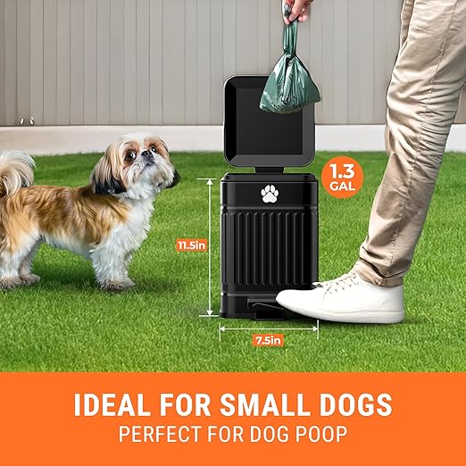 Pupzle Small Dog Poop Trash Can Outside, 1.3 Gal Metal Dog Waste Trash Can, Small Poop Bucket Outdoor with Lid, Poo Container Bin Waterproof Backyard Odor Control, 30 Bags (Black)
